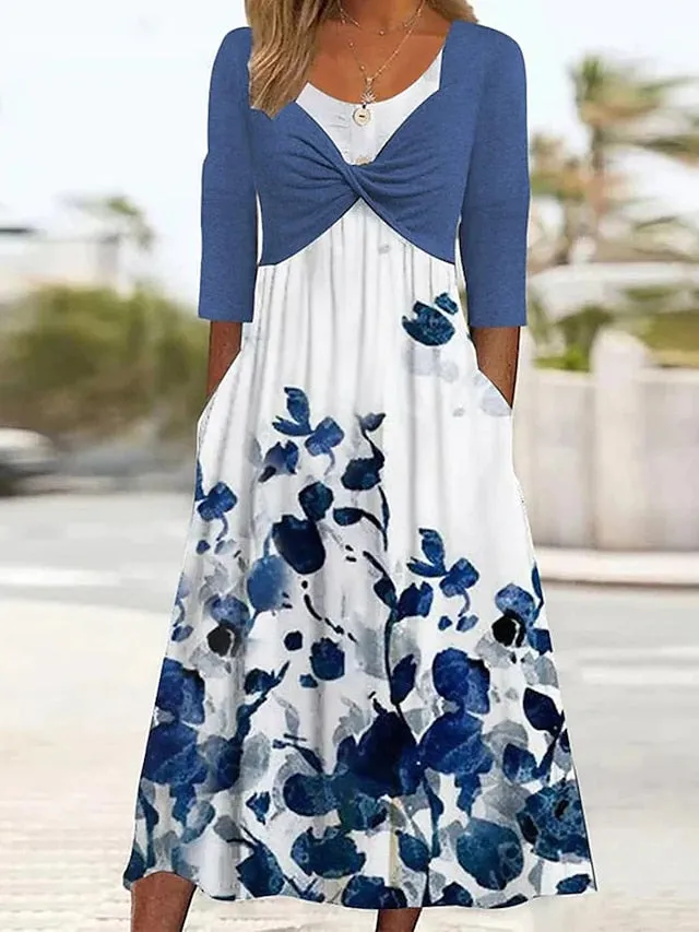 Casual Dress A Line Dress Summer Dress Floral Color Block Ruched Pocket Crew Neck Midi Dress Active Fashion Outdoor Daily Half Sleeve Loose Fit White Green Summer Spring S M L XL XXL for Women