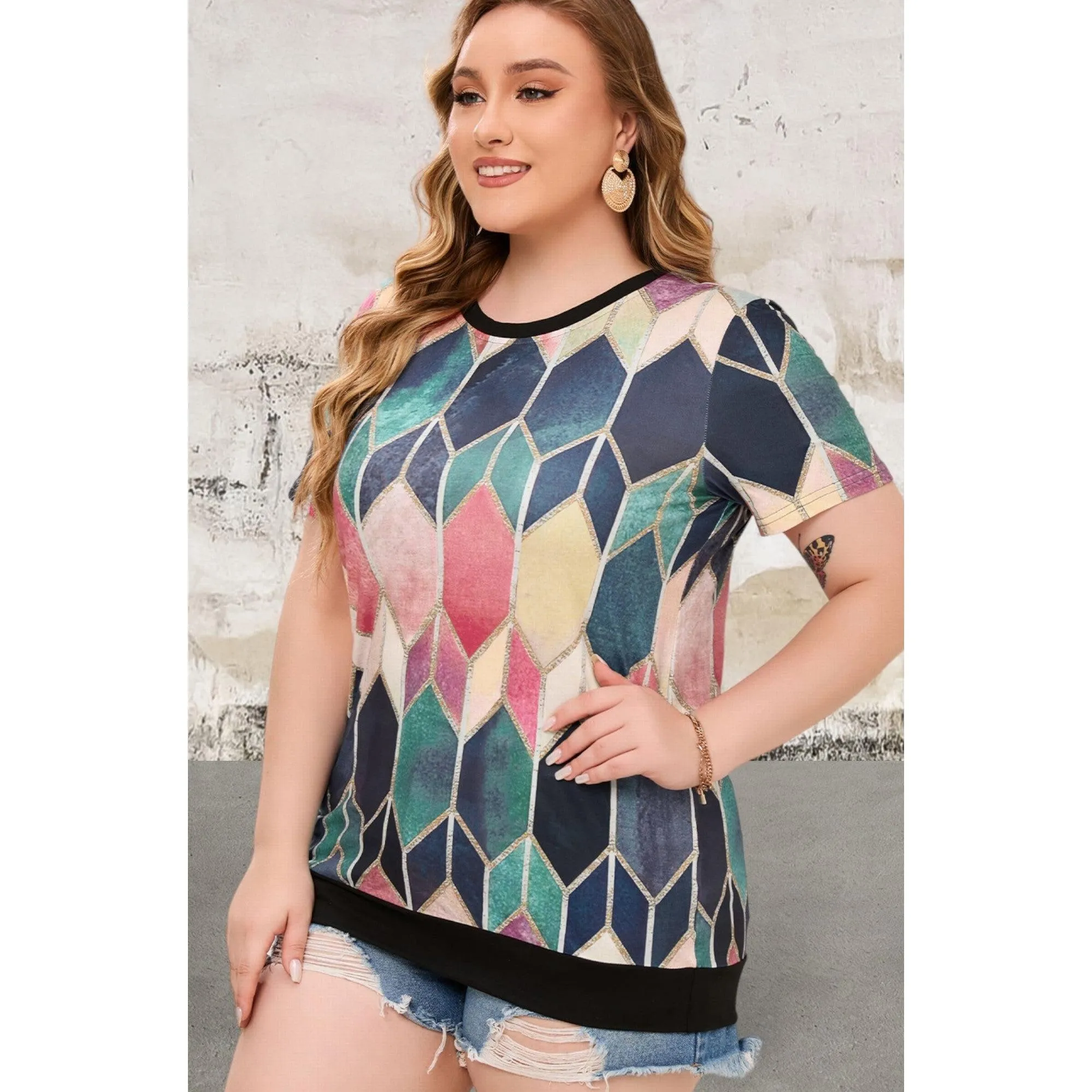 Plus Size Pink Crew Neck Tie-dye Colorblock Top
