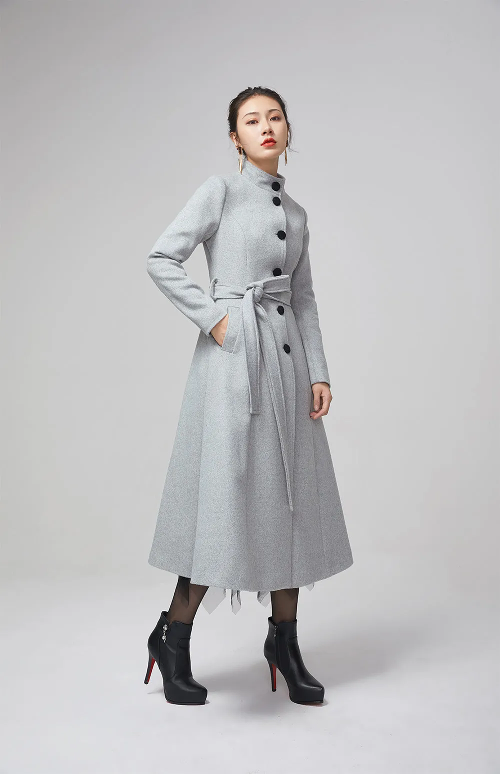 retro light gray wool coat with stand up collar 2205