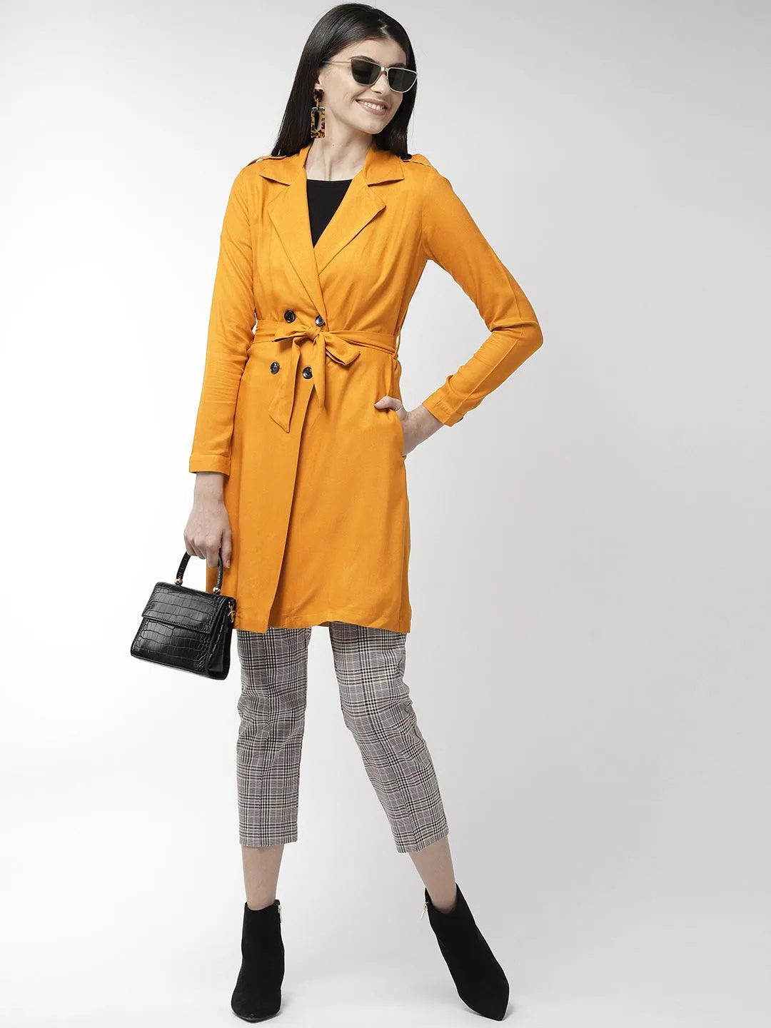 Style Quotient Women Solid Mustard Yellow viscose rayon smart casual Trench Coat
