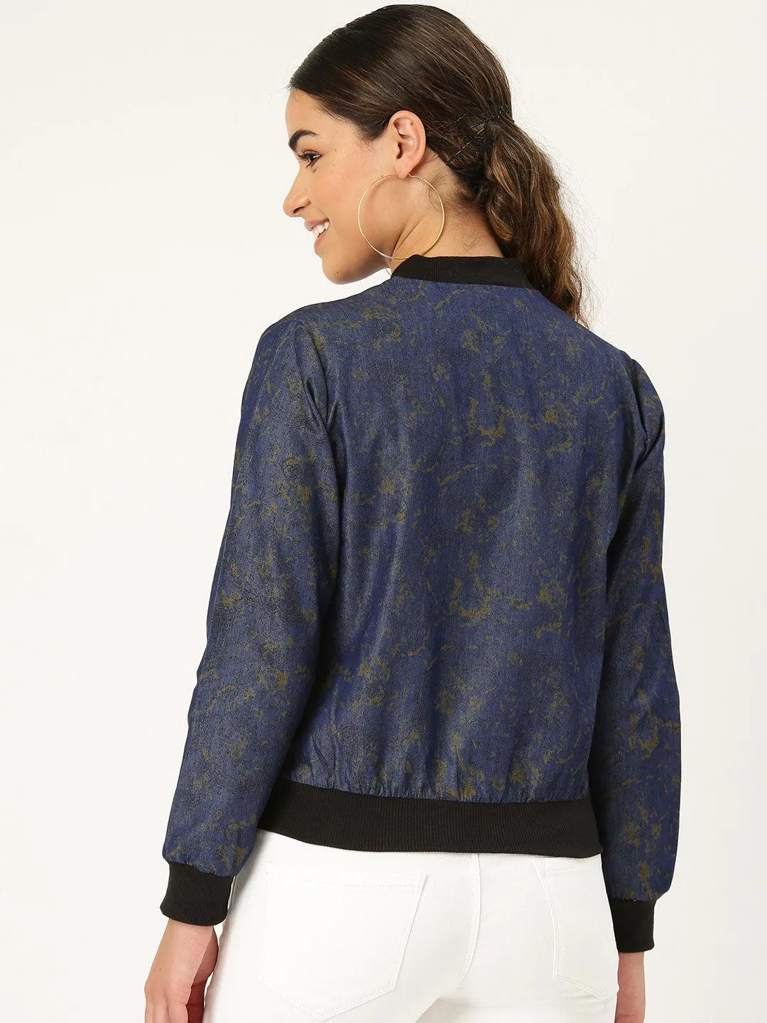 Women Blue & Black Printed Lightweight Bomber Jacket