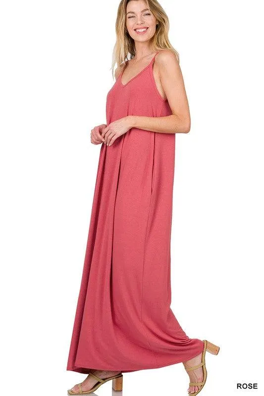 Womens V-Neck Cami Maxi Dress With Side Pockets